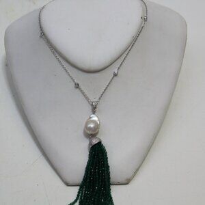 925 Genuine Baroque Pearl, Green Onyx Tassel & CZ Pendant & 30” CZ Station